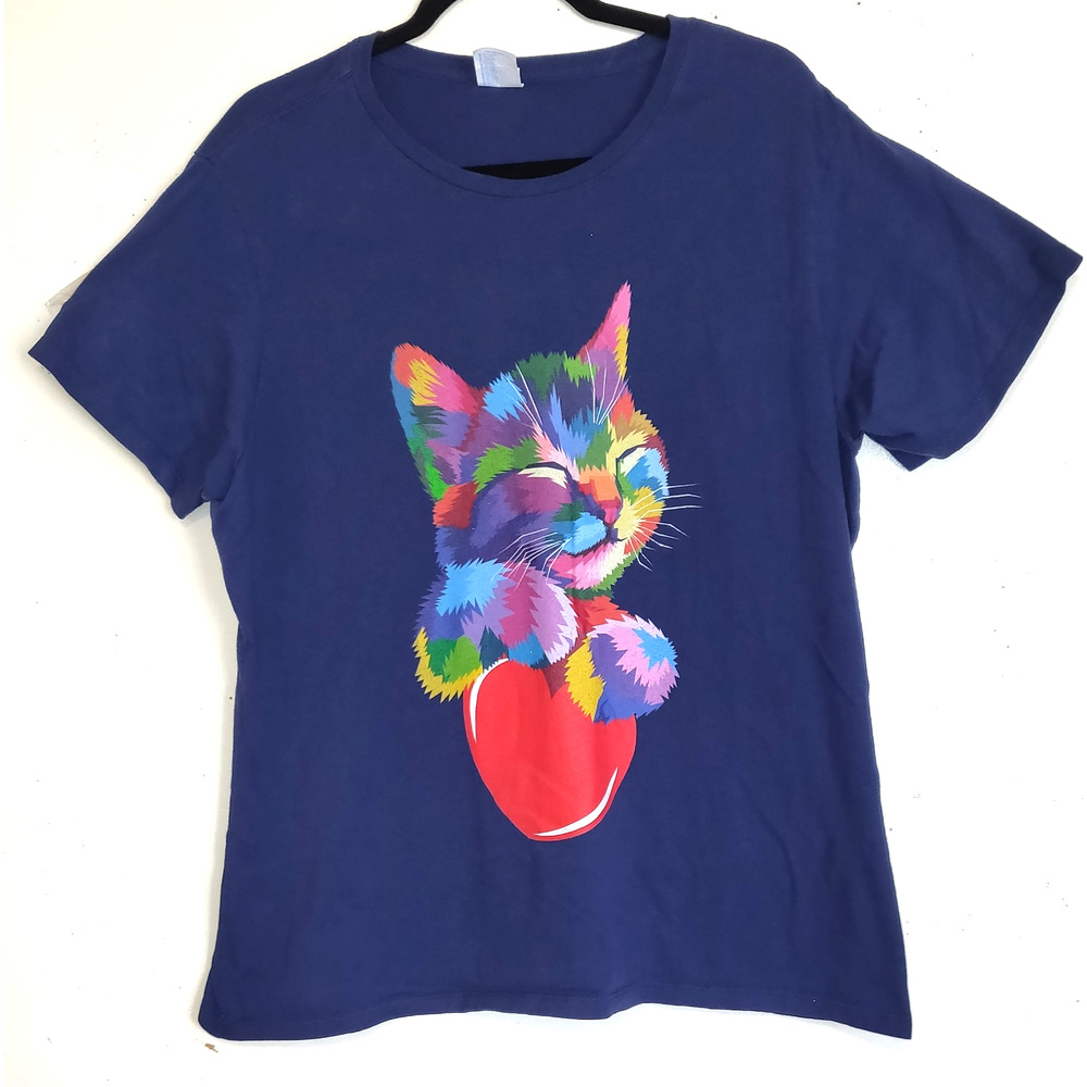 Cat Kitten Tshirt Top Port Company XXL Art To Wear Rainbow Colors Navy Blue